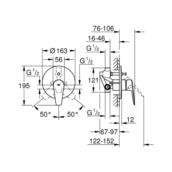 Baterie cada - dus incastrata Grohe BauEdge New crom monocomanda — imaginea 3