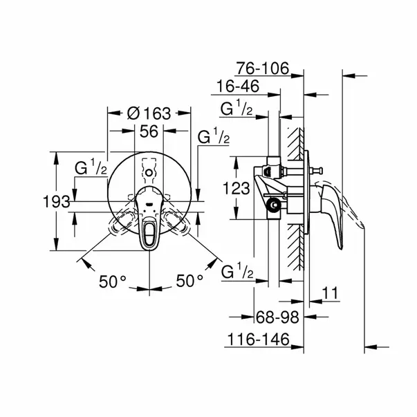Baterie cada - dus incastrata Grohe Eurostyle crom lucios cu corp incastrat — imaginea 3