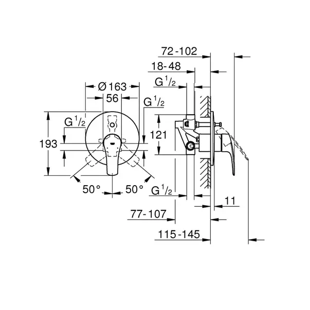 Baterie cada - dus incastrata Grohe Eurosmart New cu corp incastrat crom — imaginea 3