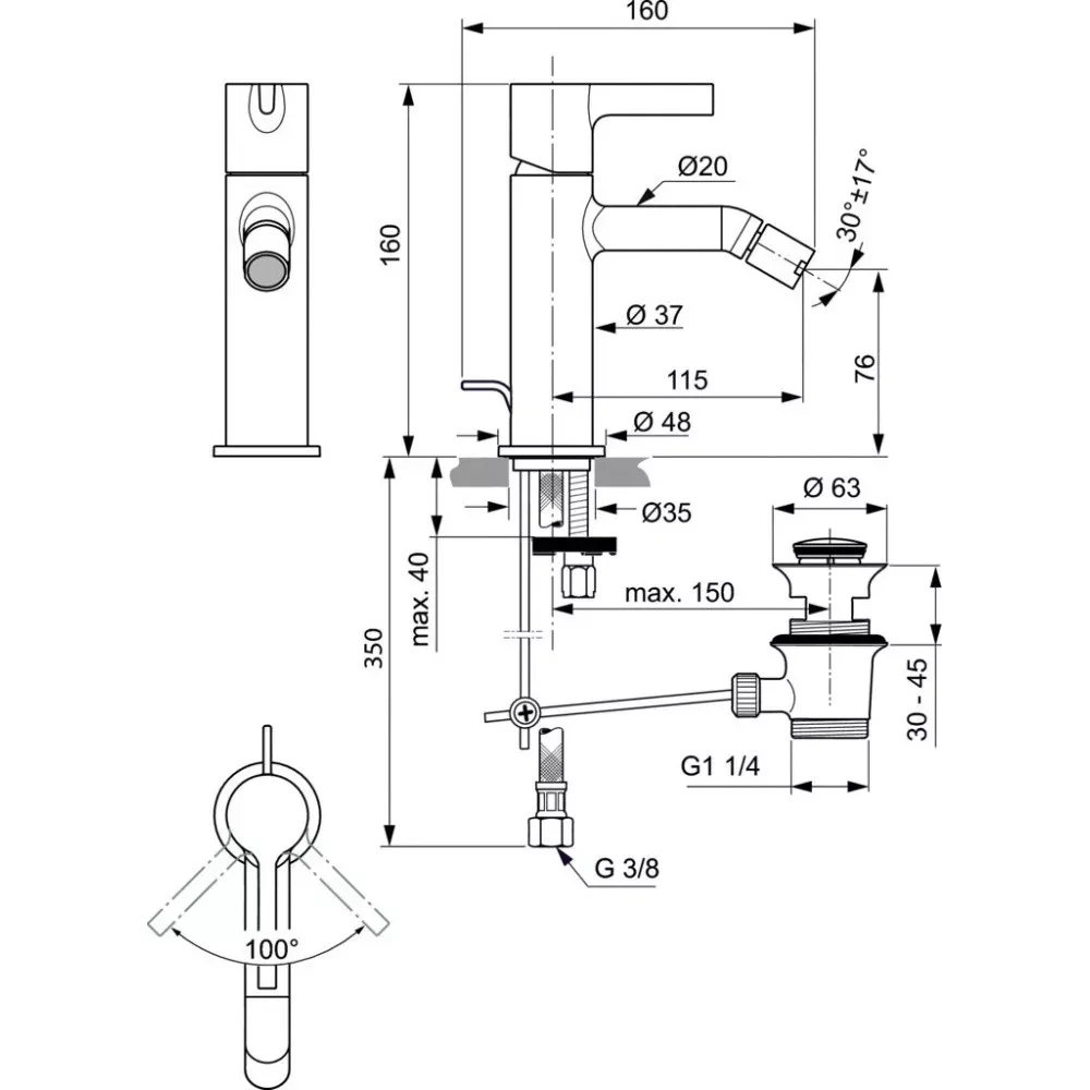 Baterie de bideu Ideal Standard Connect Joy BC784A5, 3/8'', marimea M, ventil cu tija, lucios, gri metalic — imaginea 2