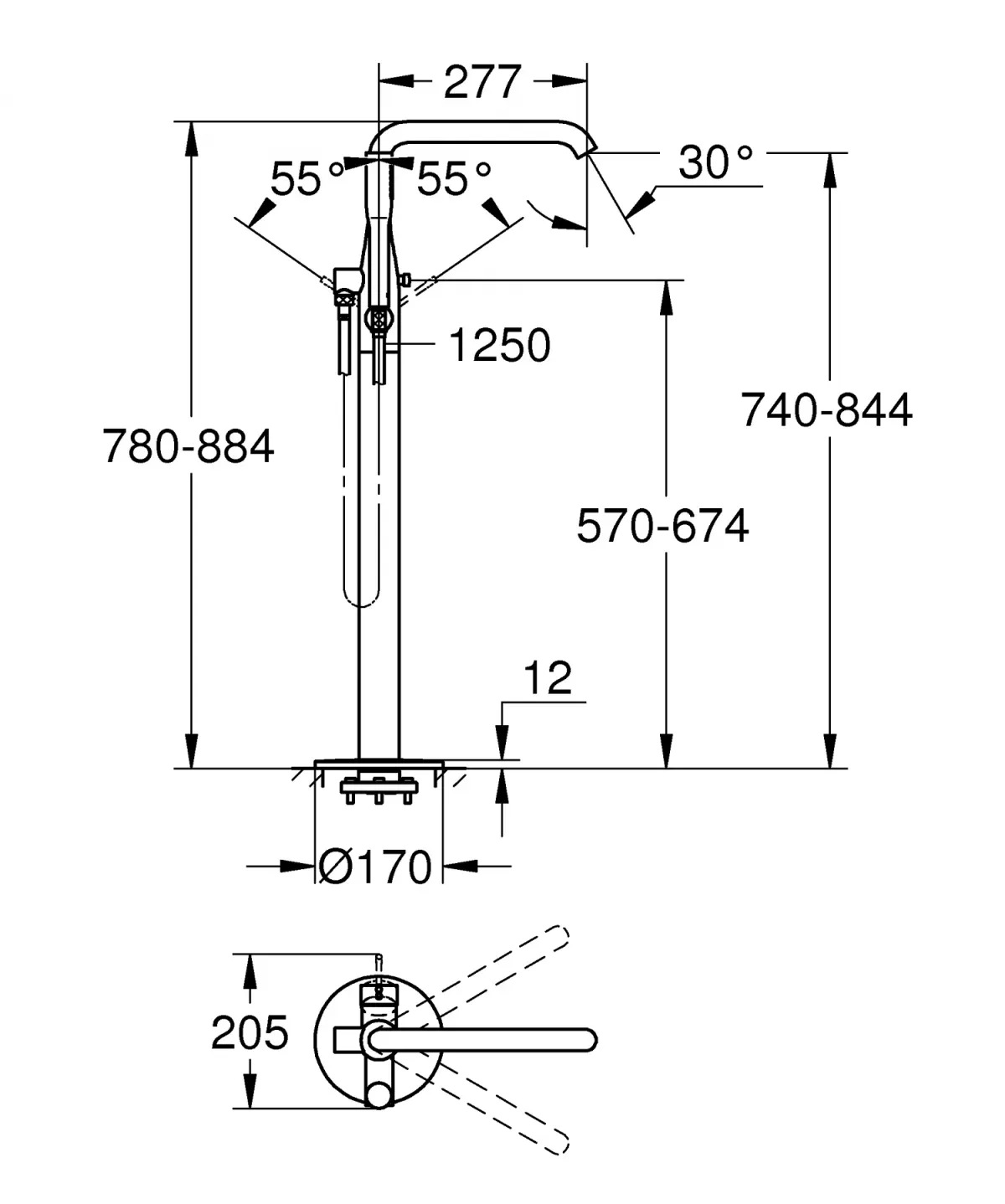 Baterie de cada Grohe Essence 23491DA1, montare pe podea, 1/2'' , set de dus, necesita set fixare, lucios, cupru — imaginea 2