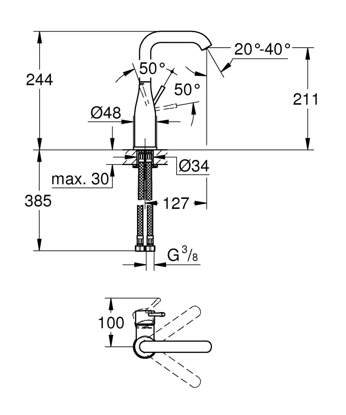 Baterie lavoar Grohe Essence 24177KF1, 3/8'', marimea L, monocomanda, pivotanta, fara ventil, mat, negru — imaginea 4