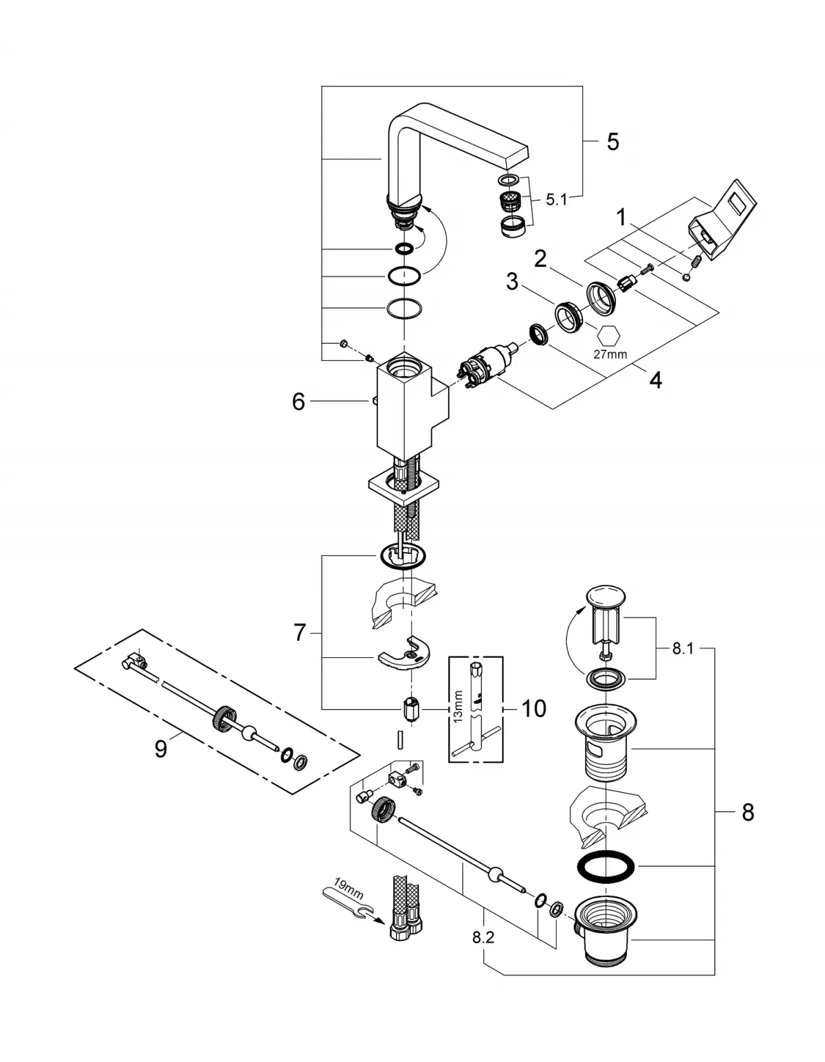 Baterie lavoar Grohe Eurocube 2313500E, 3/8'', L, 248 mm, ECO, ventil, crom — imaginea 3