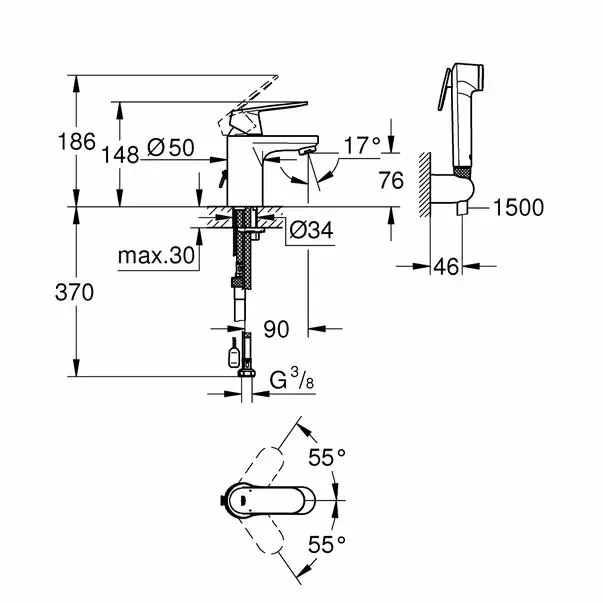 Baterie lavoar Grohe Eurosmart Cosmopolitan S cu dus igienic crom lucios — imaginea 2