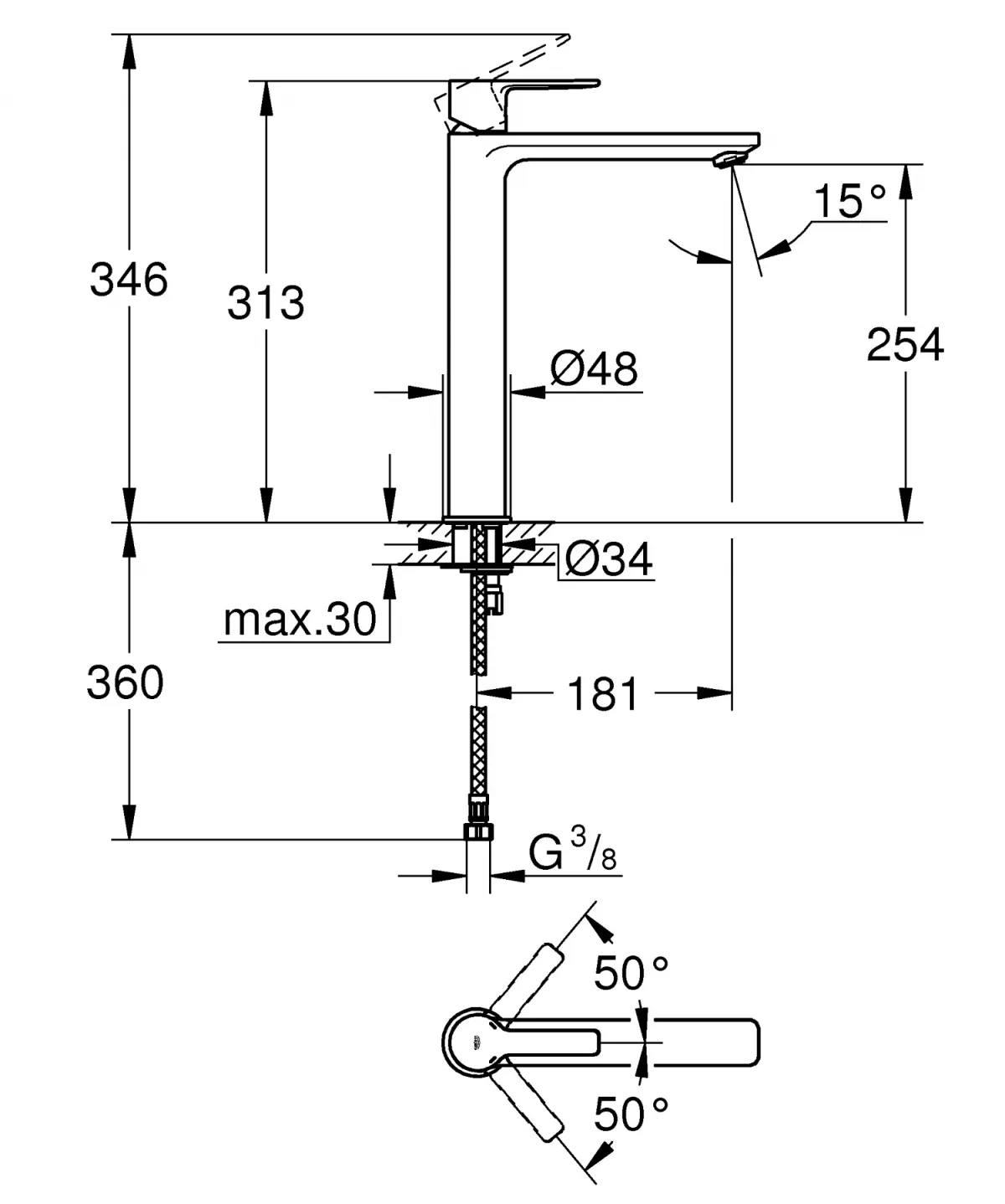 Baterie lavoar Grohe Lineare, 3/8'', XL, 313 mm, mat, grafit, 23405AL1 — imaginea 2