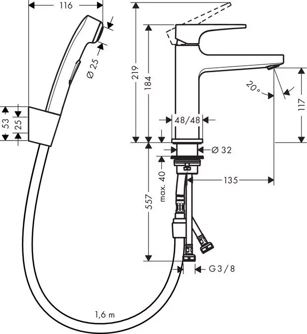 Baterie lavoar Hansgrohe Metropol, M, 184 mm, set dus igienic, ventil, crom, 32522000 — imaginea 2