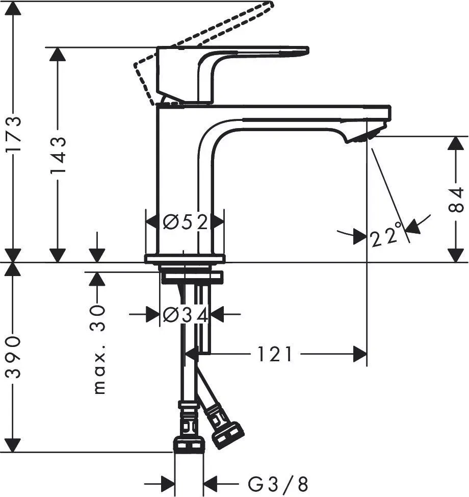 Baterie lavoar Hansgrohe Rebris E 72554000, 3/8'', M, 143 mm, pornire rece, crom — imaginea 2