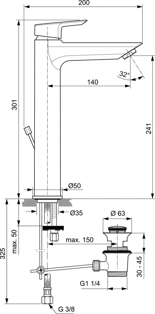 Baterie lavoar Ideal Standard Tesi A6573, 3/8'', marimea XL, monocomanda, cartus ceramic, pop-metalic, crom
