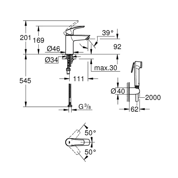 Baterie lavoar negru mat Grohe Eurosmart New S cu set dus igienic — imaginea 4