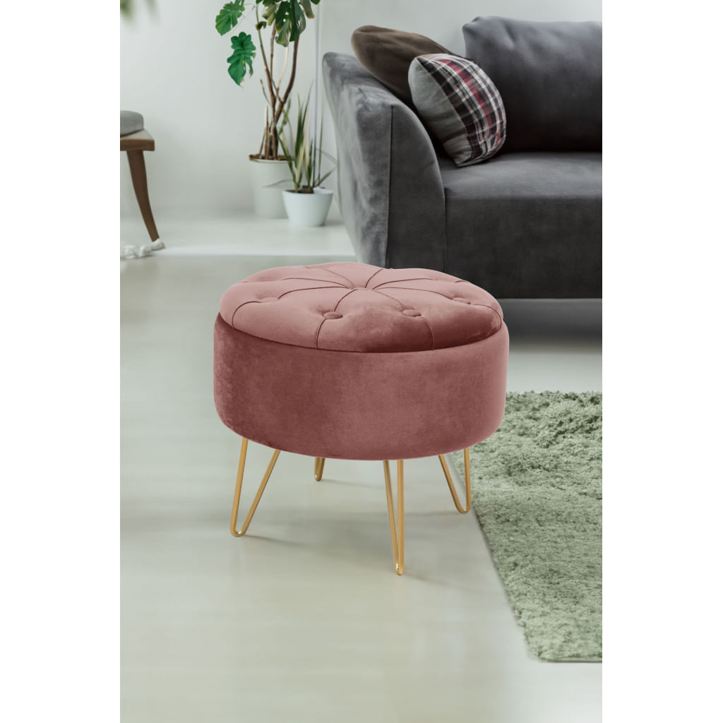 Taburet Caro cu spatiu depozitare, tapitat cu velur, 38x33 cm, roz — imaginea 2