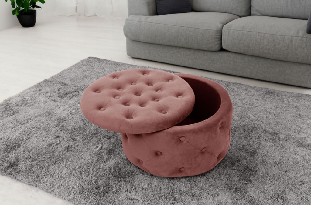 Taburet Alia cu spatiu depozitare, tapitat cu velur, 55x30 cm, roz — imaginea 3