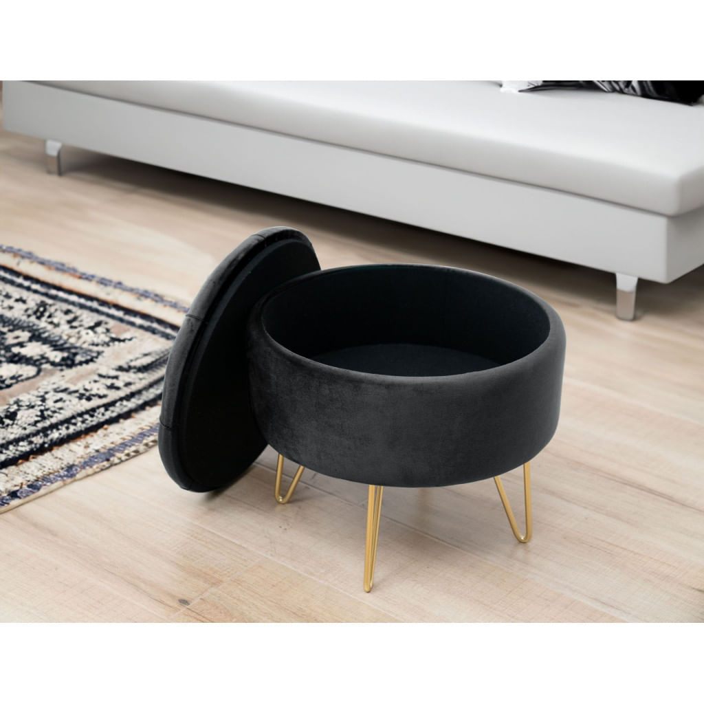 Taburet Caro cu spatiu depozitare, tapitat cu velur, 38x33 cm, negru — imaginea 4