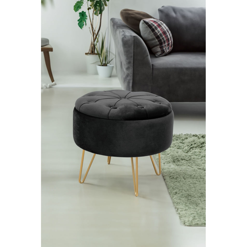 Taburet Caro cu spatiu depozitare, tapitat cu velur, 38x33 cm, negru — imaginea 5
