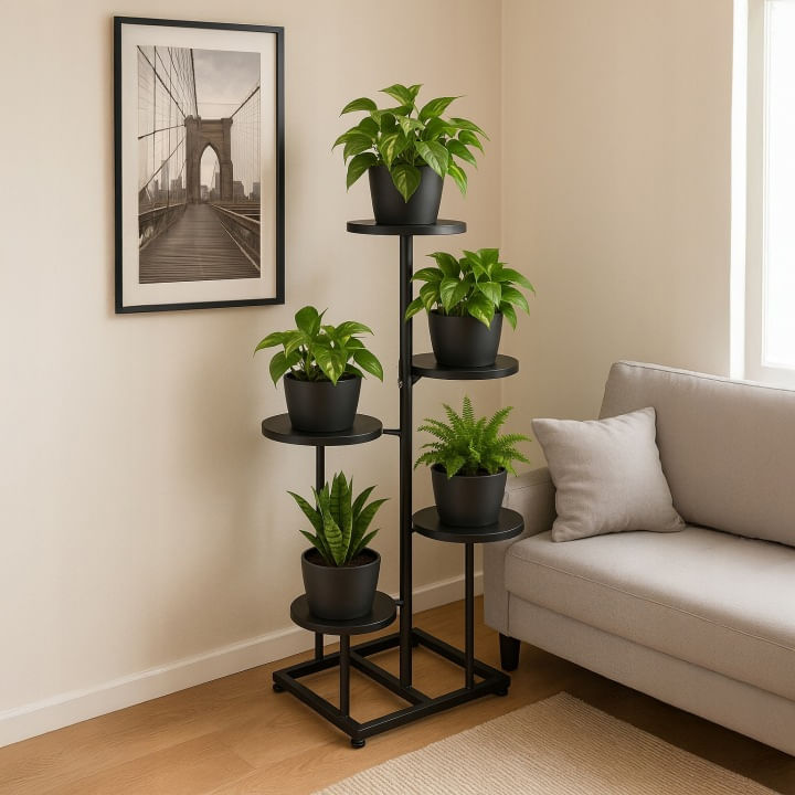Suport pentru flori cu structura metalica, 5 niveluri, cu rafturi rotunde, 47x47x80 cm, negru — imaginea 3