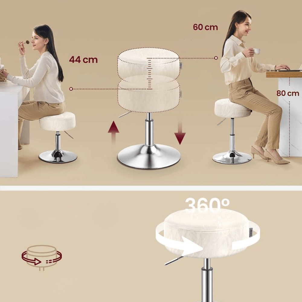 Taburet pentru masa machiaj, reglabil pe inaltime, rotativ 360A°, sezut capitonat, 39x39x58 cm, alb crem — imaginea 2