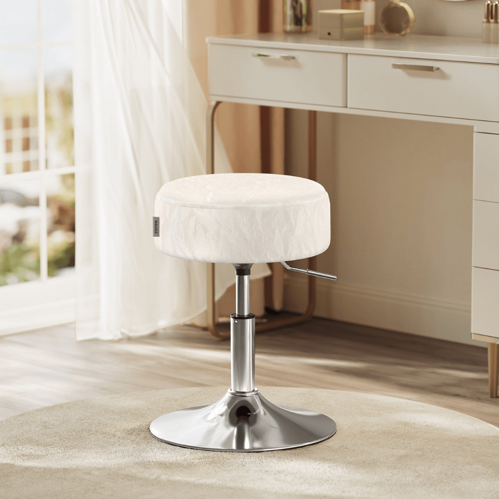 Taburet pentru masa machiaj, reglabil pe inaltime, rotativ 360A°, sezut capitonat, 39x39x58 cm, alb crem — imaginea 3