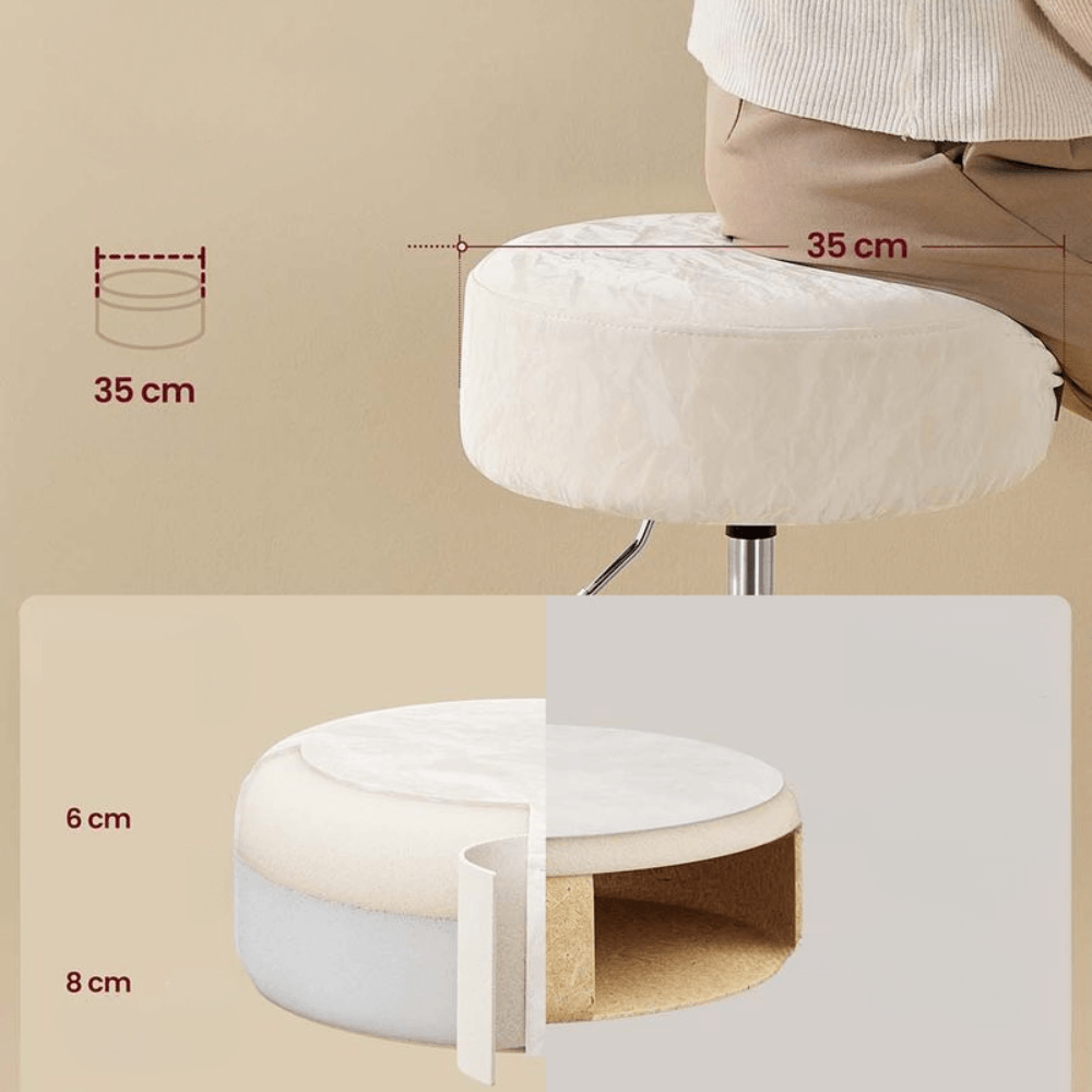 Taburet pentru masa machiaj, reglabil pe inaltime, rotativ 360A°, sezut capitonat, 39x39x58 cm, alb crem — imaginea 7