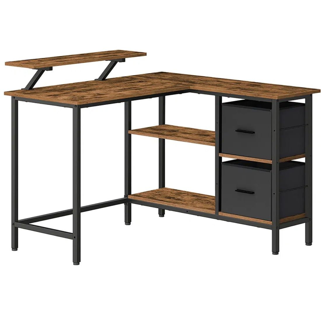 Birou de colt in forma L, cu 2 sertare si suport monitor, montare pe ambele parti, stil industrial, 115x105 cm, maro