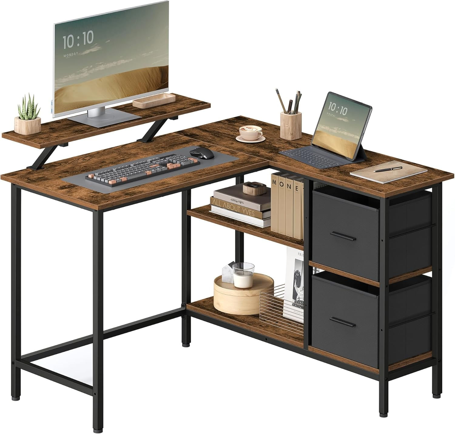 Birou de colt in forma L, cu 2 sertare si suport monitor, montare pe ambele parti, stil industrial, 115x105 cm, maro — imaginea 2