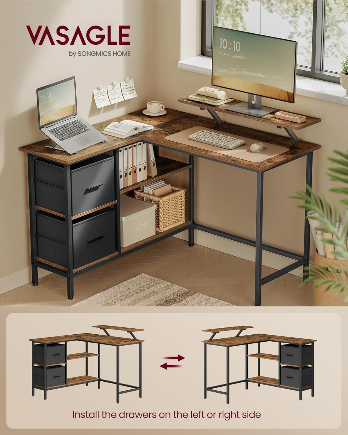 Birou de colt in forma L, cu 2 sertare si suport monitor, montare pe ambele parti, stil industrial, 115x105 cm, maro — imaginea 6