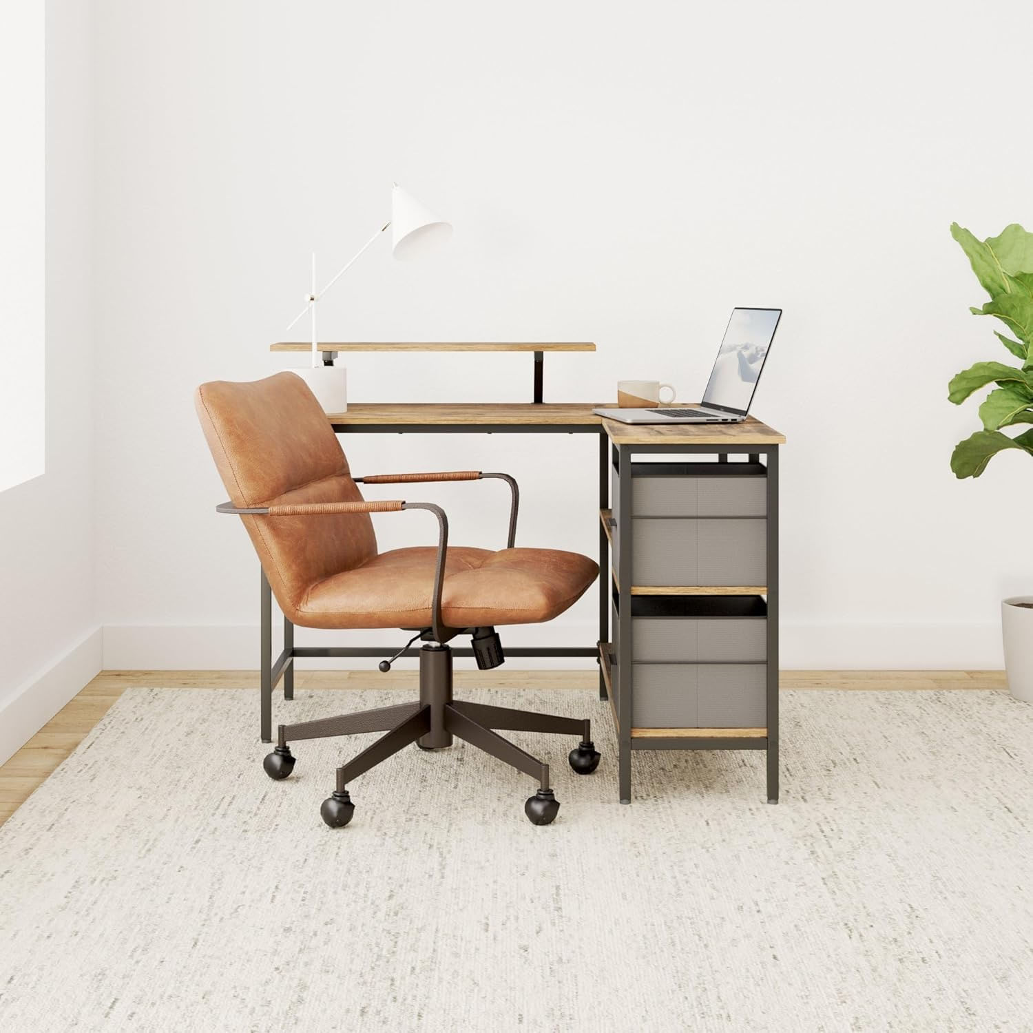 Birou de colt in forma L, cu 2 sertare si suport monitor, montare pe ambele parti, stil industrial, 115x105 cm, maro — imaginea 7