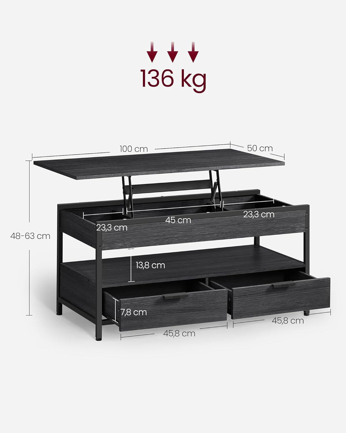 Masuta de cafea cu blat reglabil pe inaltime, cu sertare si spatii de depozitare, stil industrial, 100x50x63 cm, gri — imaginea 3