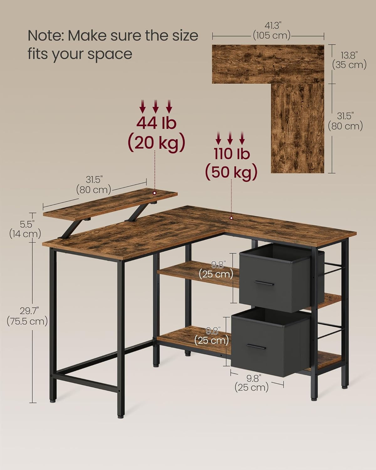 Birou de colt in forma L, cu 2 sertare si suport monitor, montare pe ambele parti, stil industrial, 115x105 cm, maro — imaginea 9