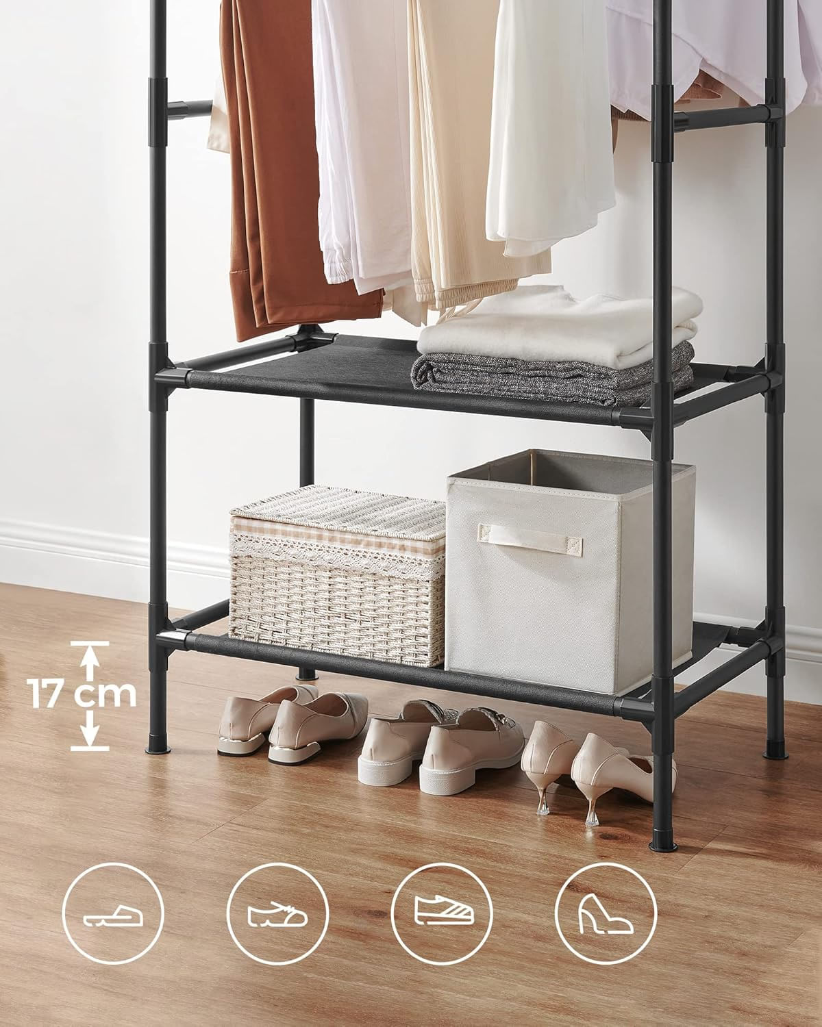 SONGMICS Raft de haine din metal, cu 2 bare de haine si 1 raft, stil industrial, 45x83x157cm, negru — imaginea 3