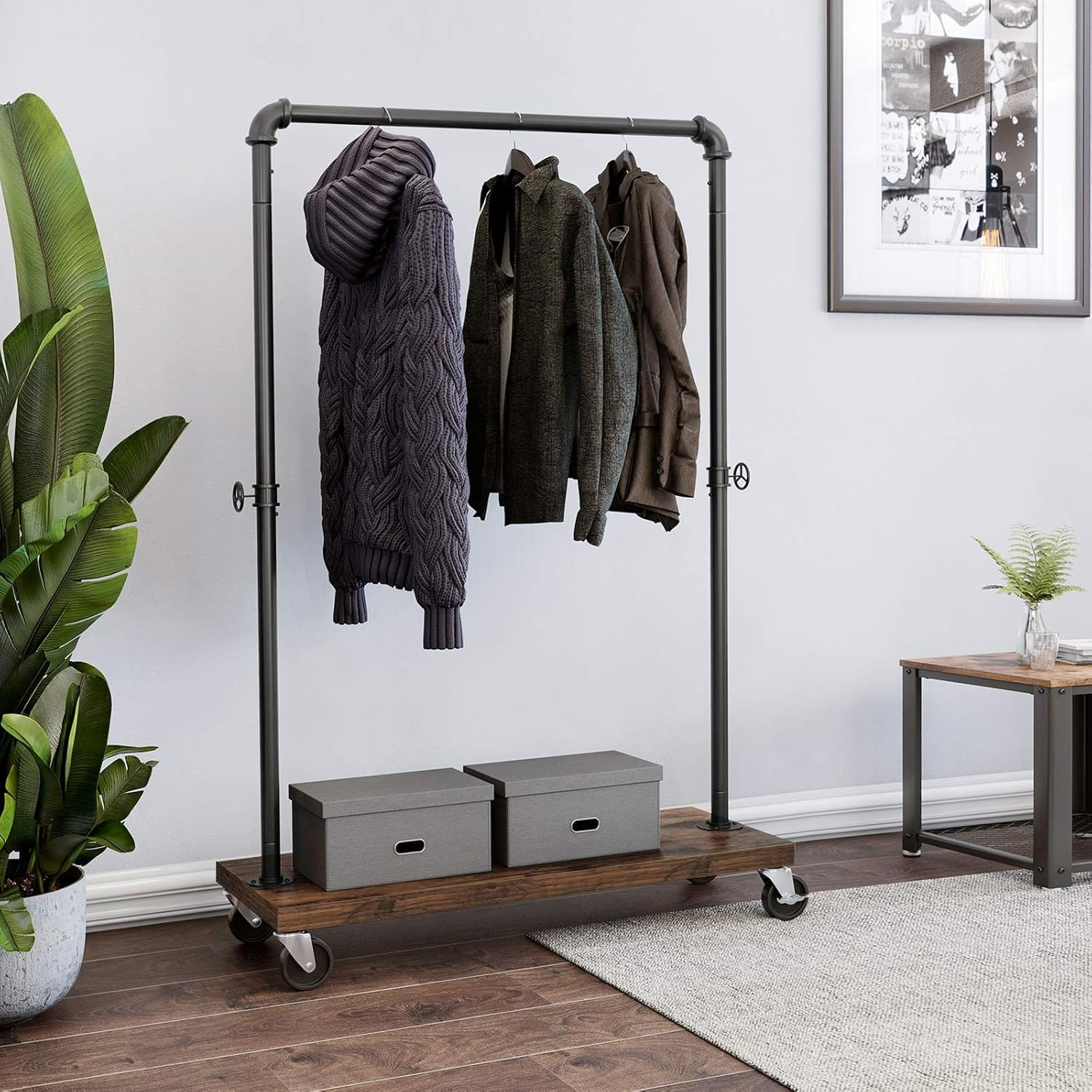 SONGMICS Suport haine pe roti, cu bara si raft inferior, stil industrial, 104x40x162 cm, negru — imaginea 4