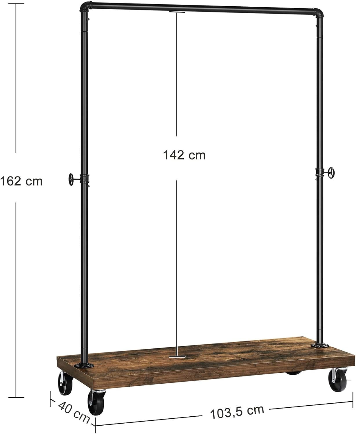 SONGMICS Suport haine pe roti, cu bara si raft inferior, stil industrial, 104x40x162 cm, negru — imaginea 5