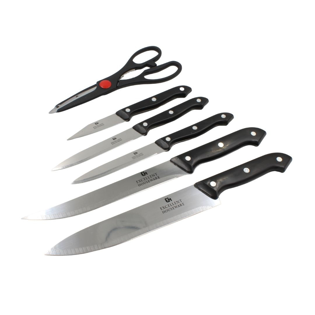 Set cutite Excellent Houseware, 5 cutite, foarfeca si suport din lemn — imaginea 4