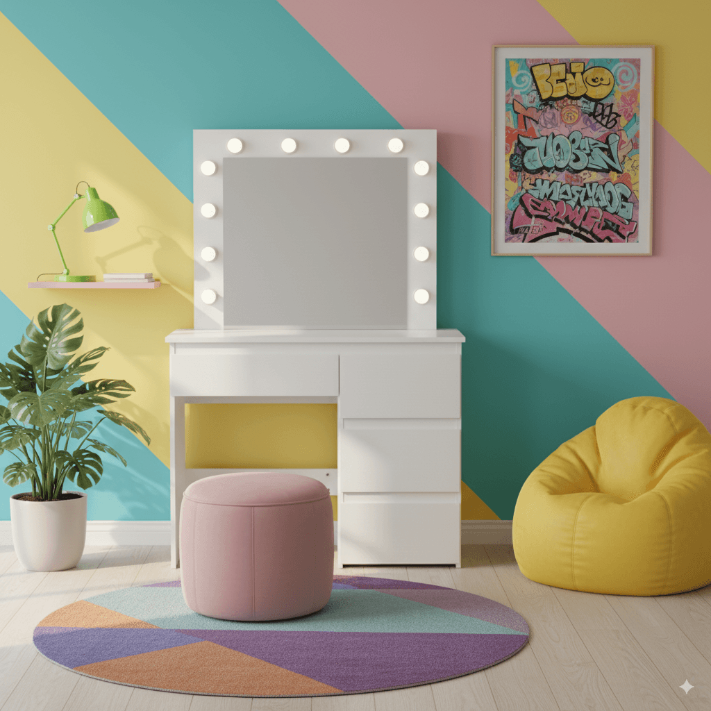 Masa de toaleta pentru machiaj, alba, cu oglinda, sertare si LED-uri, 94x43x141 cm, JollyMag, PHO4868 — imaginea 3