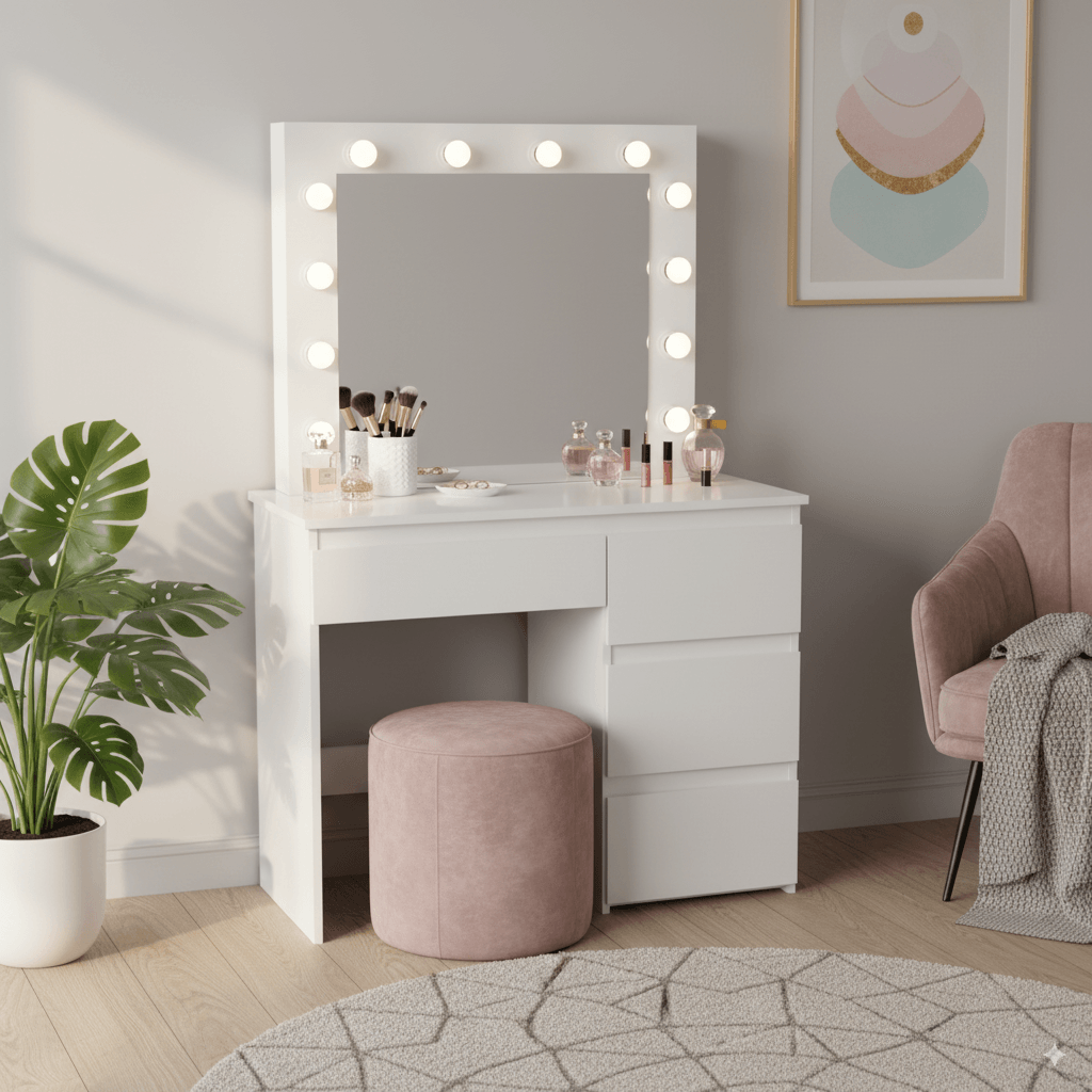 Masa de toaleta pentru machiaj, alba, cu oglinda, sertare si LED-uri, 94x43x141 cm, JollyMag, PHO4868 — imaginea 4