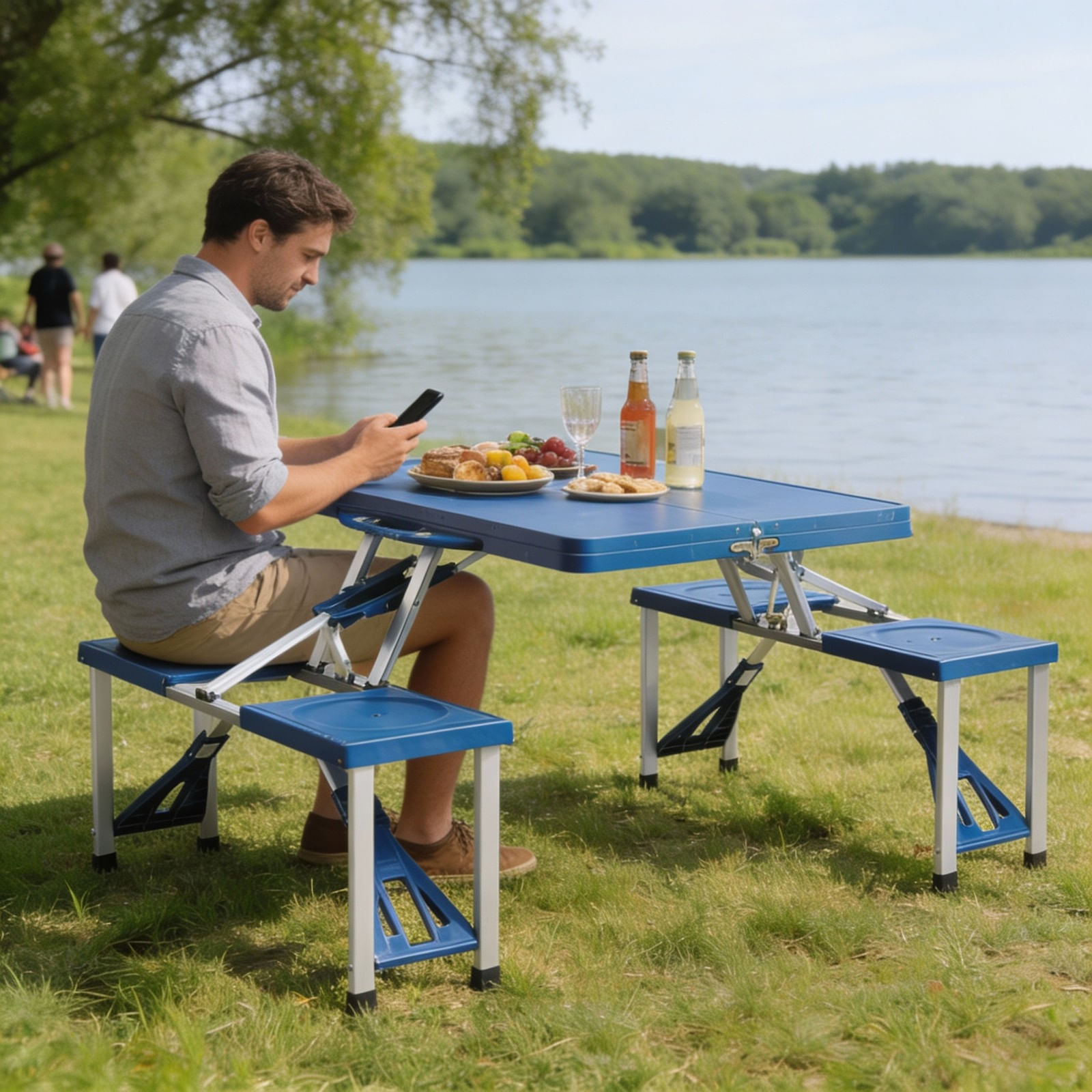 Set mobilier, masa pliabila albastra si 2 bancute pliabile, pentru gradina, camping sau pescuit, tip valiza, JollyMag, OXE2712 — imaginea 2
