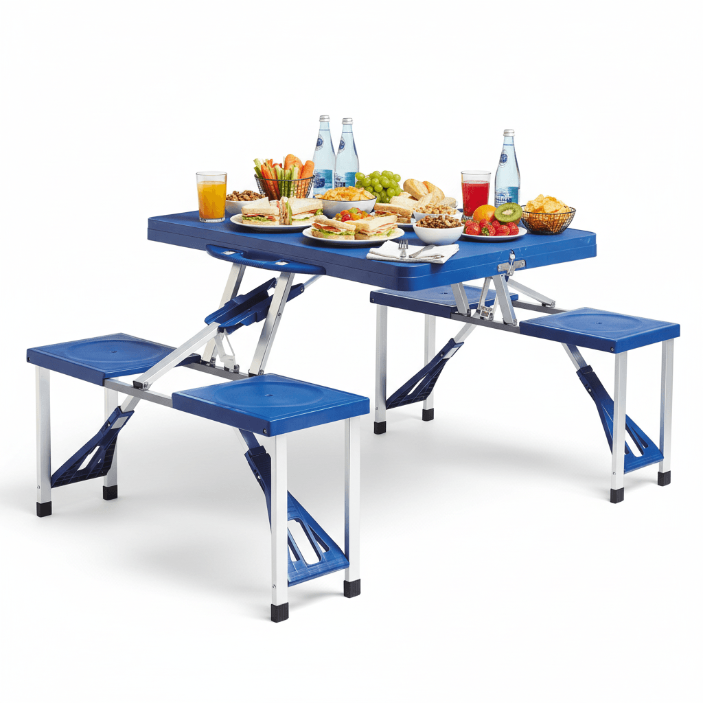 Set mobilier, masa pliabila albastra si 2 bancute pliabile, pentru gradina, camping sau pescuit, tip valiza, JollyMag, OXE2712 — imaginea 3