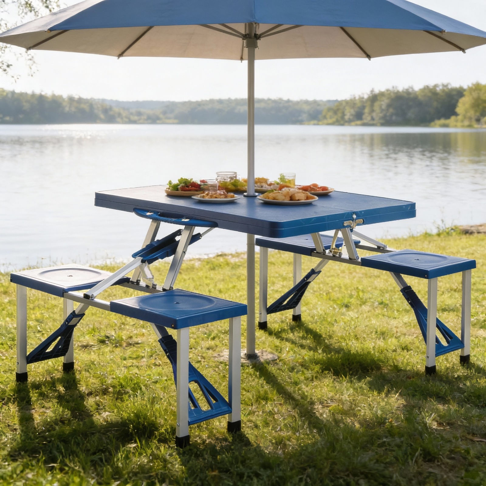 Set mobilier, masa pliabila albastra si 2 bancute pliabile, pentru gradina, camping sau pescuit, tip valiza, JollyMag, OXE2712 — imaginea 5