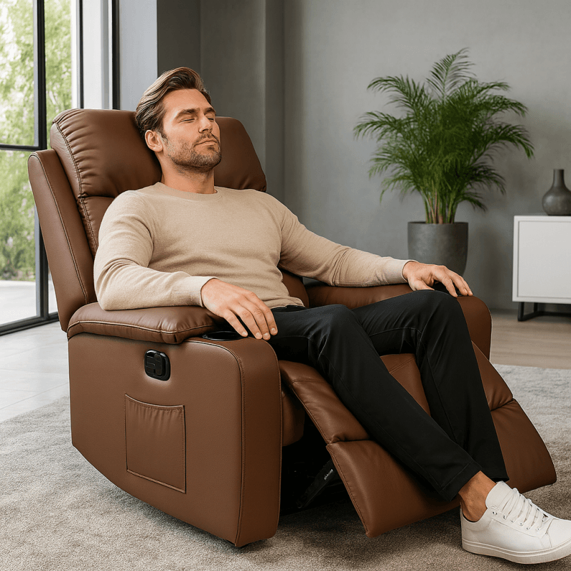 Fotoliu confortabil tip canapea extensibila, piele ecologica maro deschis, JollyMag, SOF01BR — imaginea 3
