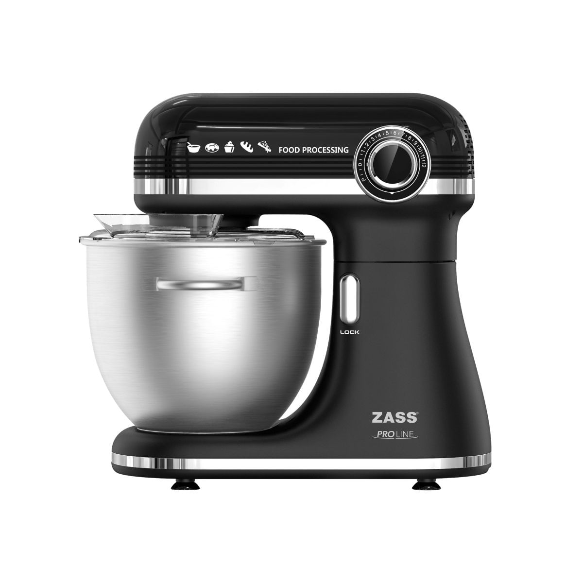 Mixer planetar Zass ZPSM 11, 7 L, 1500 W, 12 viteze, bol inox, functie Puls, Negru