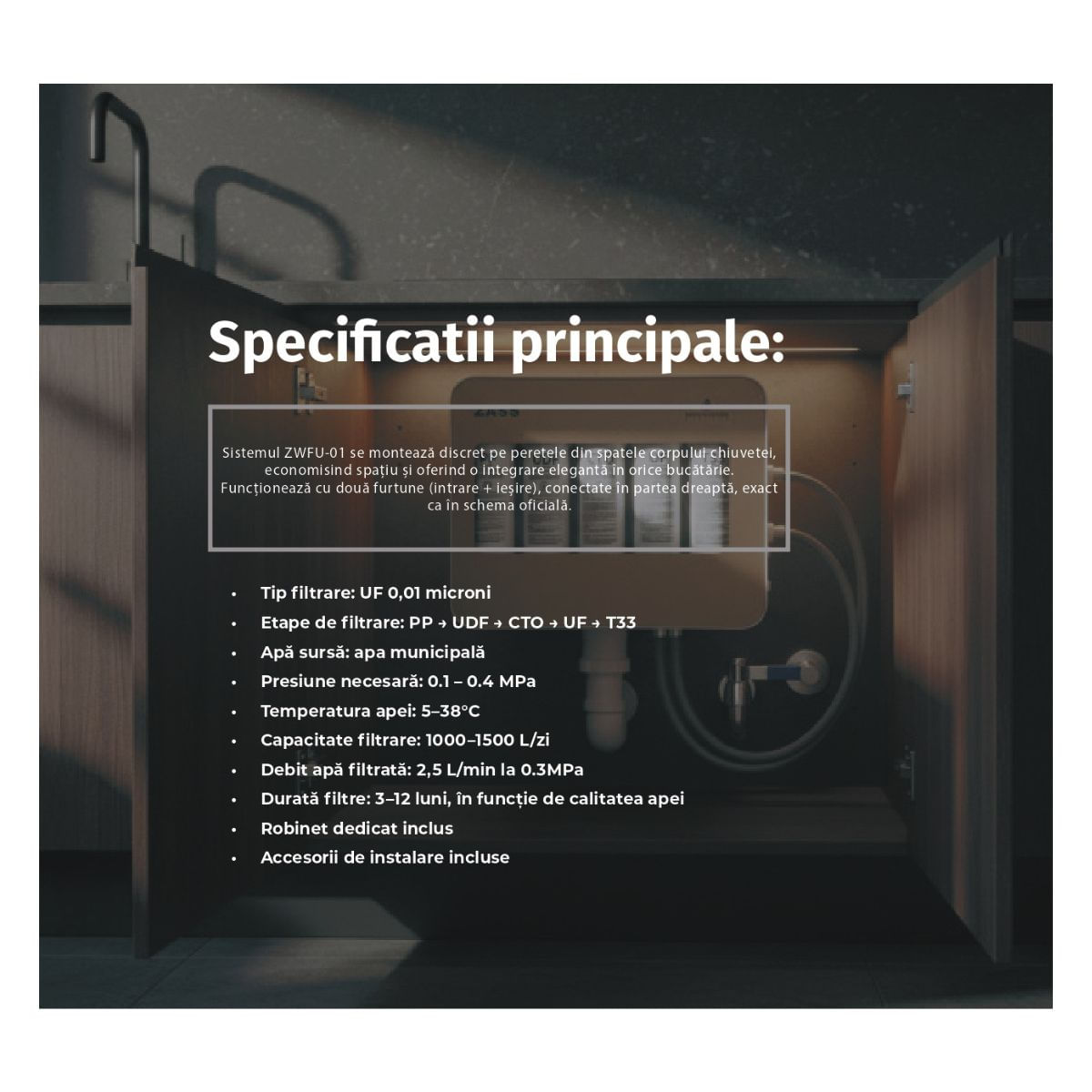 Filtru de apa potabila Zass ZWFU 01,sistem de filtrare 5 stadii, 1000-1500 litri/zi, Robinet si accesorii incluse, Alb