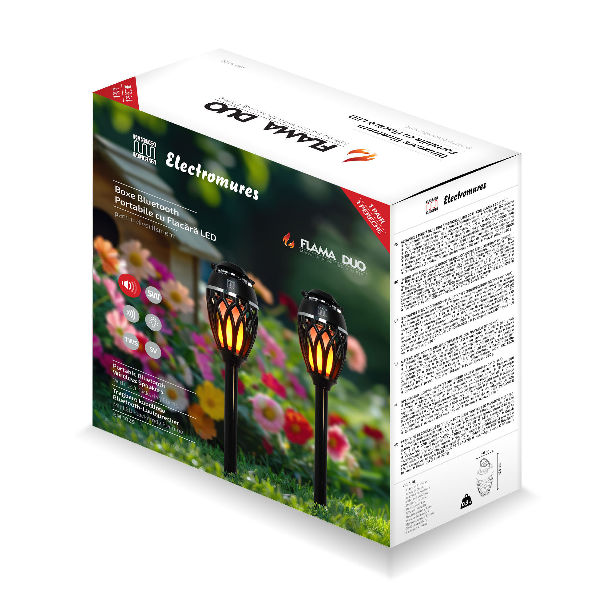 Pereche difuzoare Bluetooth portabile cu flacara LED Electromures EM 1029, Negru