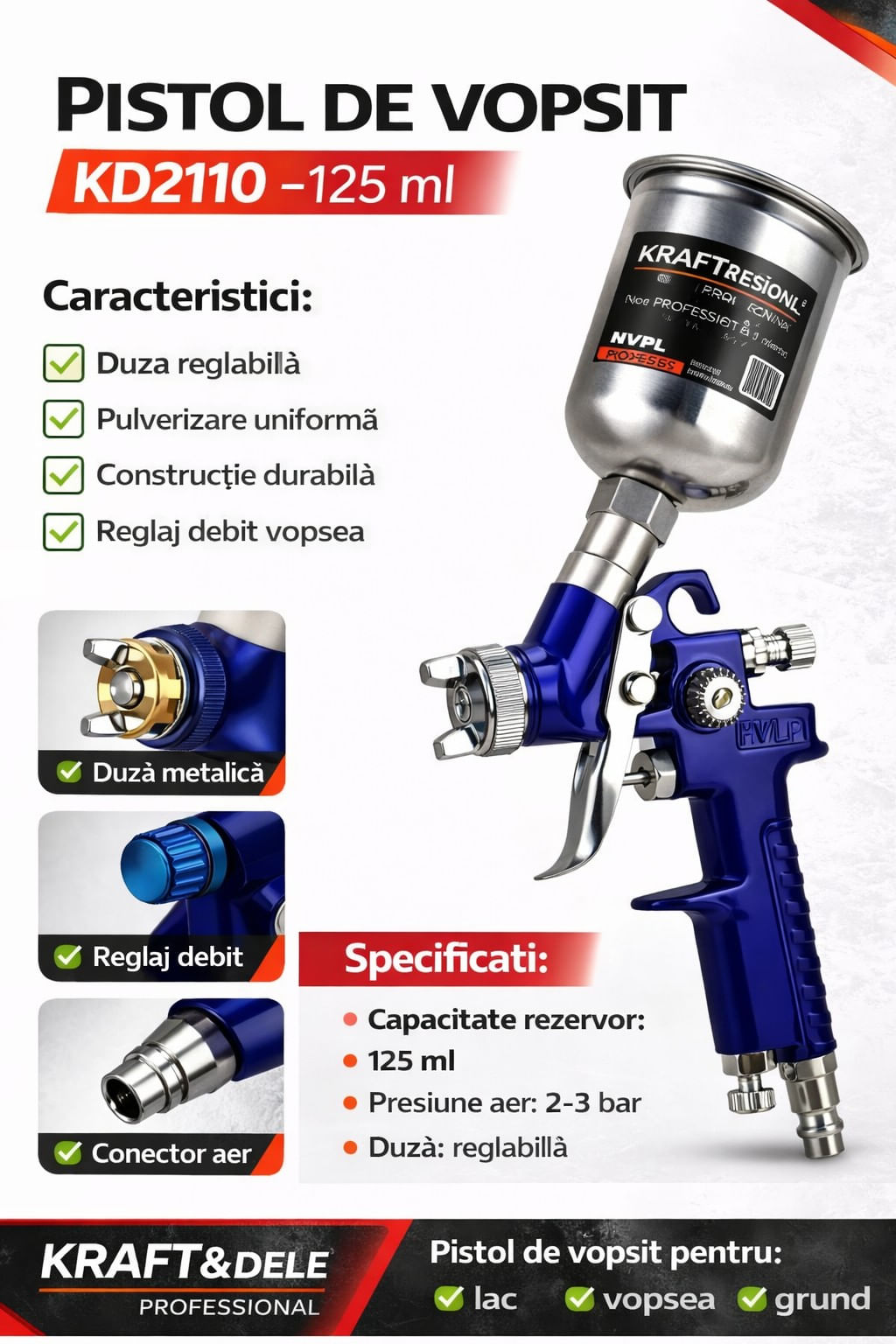 Pistol de vopsit 125 ml, Kraft&Dele, 0,8 mm, KD2110 — imaginea 5