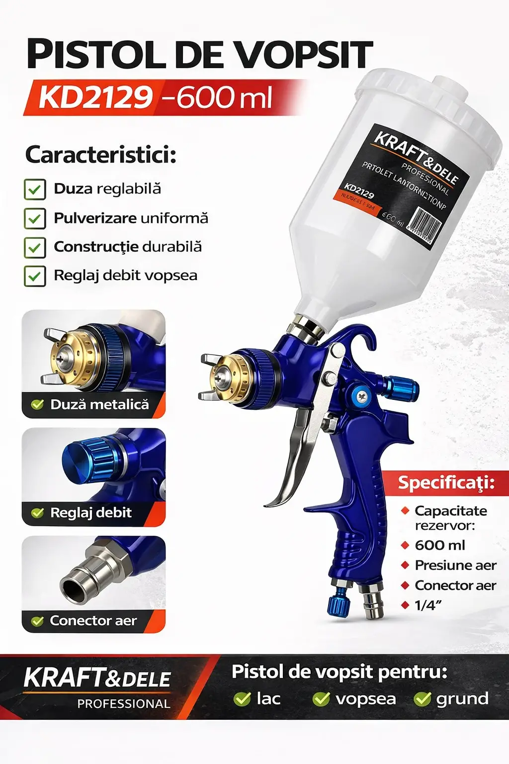 Pistol de vopsit 600ml, Kraft&Dele, 1,4 mm, KD2129 — imaginea 8