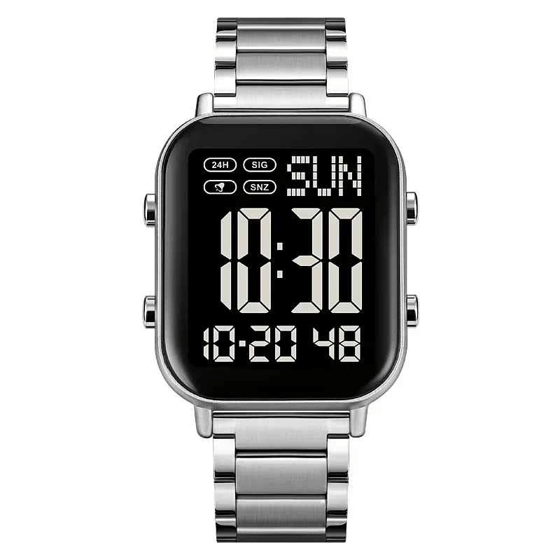 Ceas Barbati SKMEI 1859 – Digital, Carcasa Neagra, Bratara Inox Argintie, LED, Cronometru, Waterproof