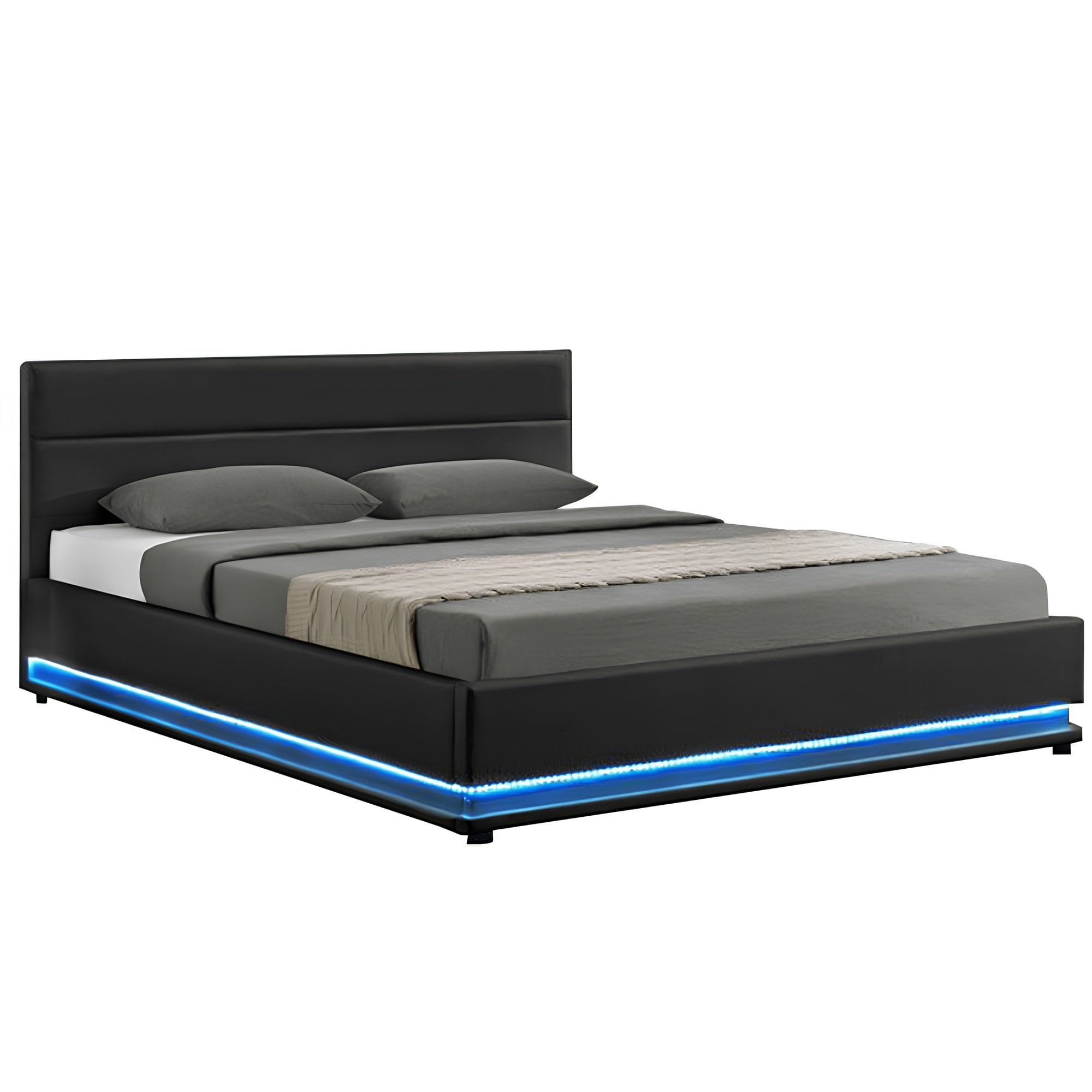Pat matrimonial cu iluminare LED, negru