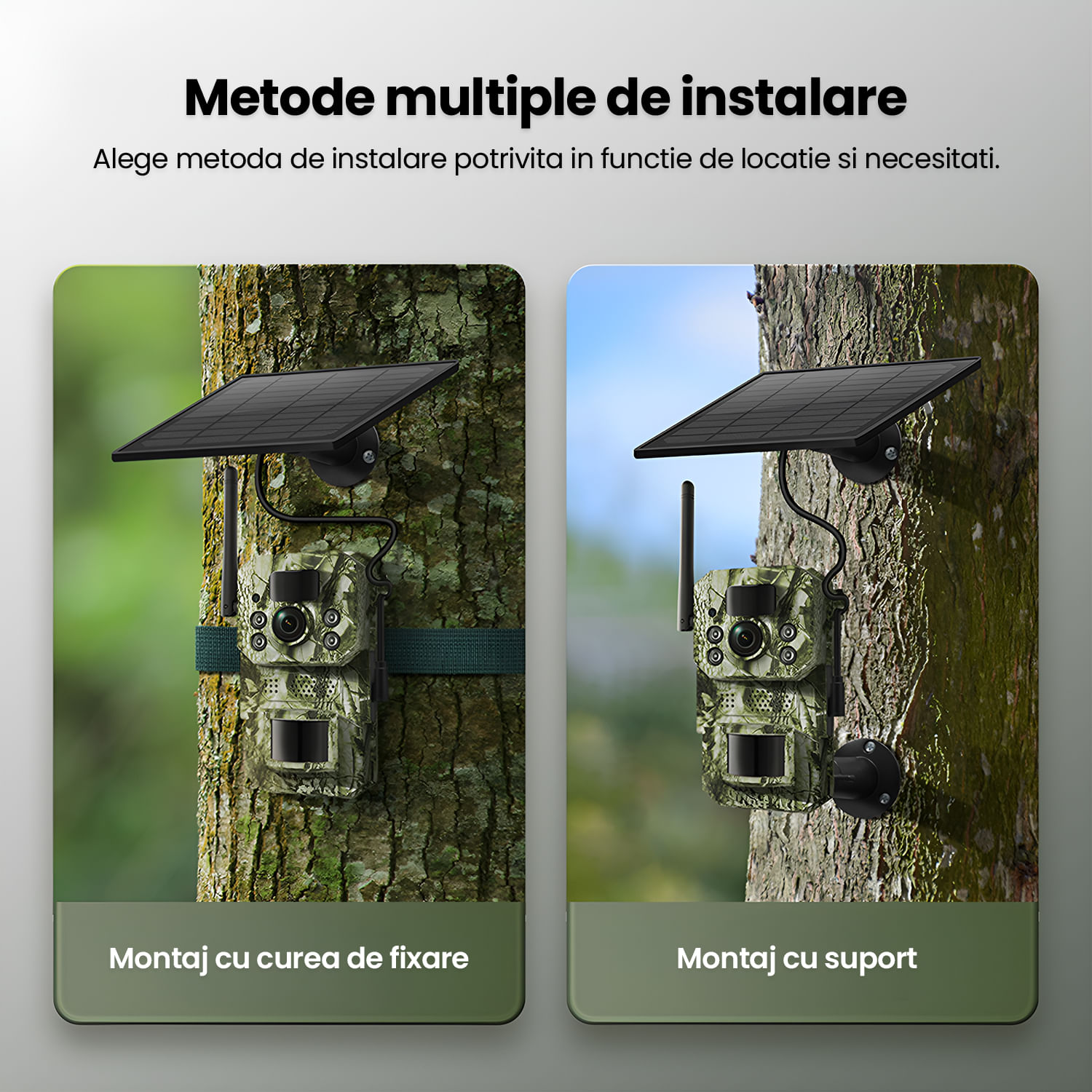 Camera de Vanatoare Solara 4G TECHNOVICI, Video 1080P, Foto 3MP, Detectie PIR, IR Nocturn