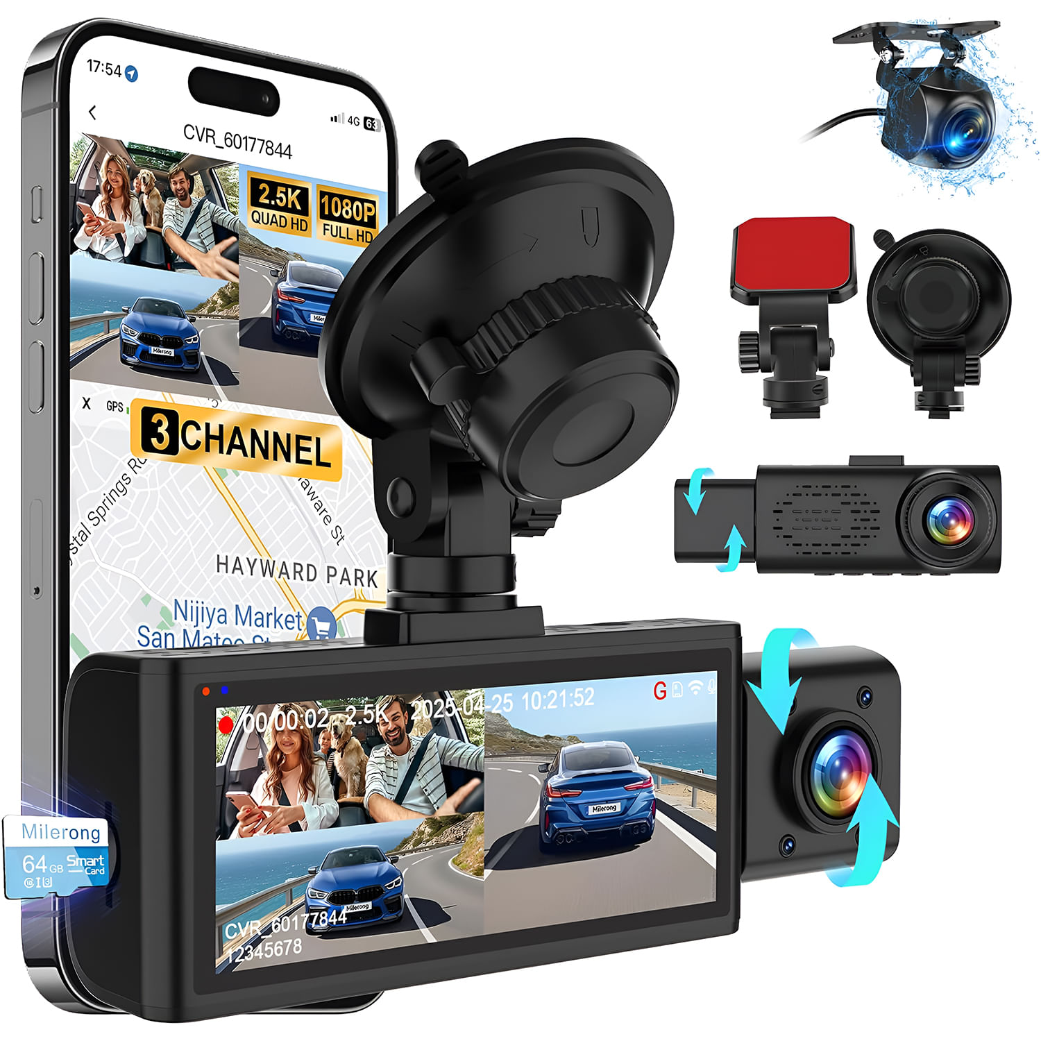 Camera Auto Fata-Spate Interior 2.5K WiFi 5G, 3 Canale, GPS, Ecran 3.16", Senzor Sony, F1.8, WDR, 16GB