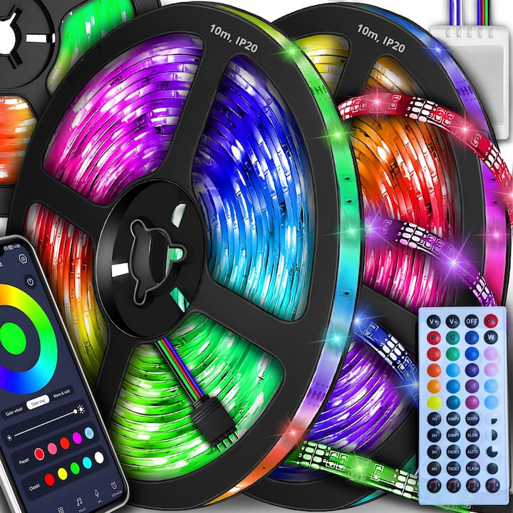 Banda LED 20 metri 5050 RGB, Adeziva, Bluetooth, Aplicatie Telefon, Telecomanda, Mod Muzica, Timer