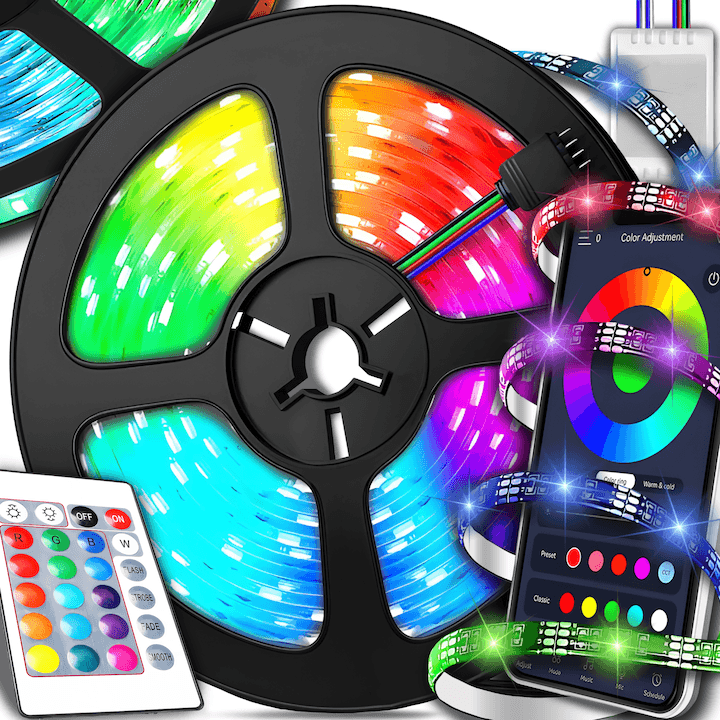 Banda LED 10 metri 5050 RGB GALAXIA®, Adeziva, Bluetooth, Aplicatie Telefon, Telecomanda, Mod Muzica, Timer
