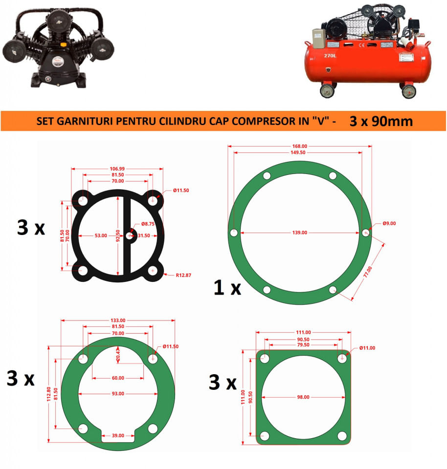 Set garnituri cap compresor de aer V 3x90mm CH093 Mod.16(G) — imaginea 2