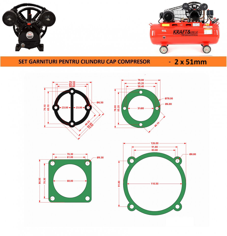 Set complet de 7 garnituri cap compresor de aer cu 2 cilindri de 51mm CH094 Mode.17(A) — imaginea 8